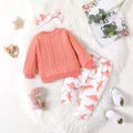 3pcs Baby Girl Solid Imitation Knitting Pullover and Allover Dinosaur Print Pants with Headband Set Coral image 2