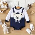 Baby Boy 95% Cotton Long-sleeve Bear Graphic Solid Spliced Romper Dark Blue/white image 1