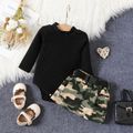 3pcs Baby Girl 95% Cotton Ribbed Mock Neck Long-sleeve Romper and Camouflage Skirt with Belt Set Black image 2