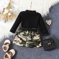 3pcs Baby Girl 95% Cotton Ribbed Mock Neck Long-sleeve Romper and Camouflage Skirt with Belt Set Black image 3