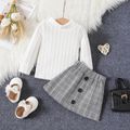 2pcs Baby Girl Solid Imitation Knitting Turtleneck Long-sleeve Top and Plaid Skirt Set White image 2