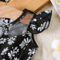 2pcs Baby Girl Allover Daisy Floral Print Flutter-sleeve Layered Dress & Headband Set Black image 3