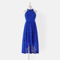 Family Matching Guipure Lace Halter Neck Dresses and Color Block Short-sleeve T-shirts Sets Blue image 2