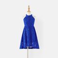 Family Matching Guipure Lace Halter Neck Dresses and Color Block Short-sleeve T-shirts Sets Blue image 4