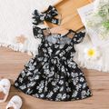 2pcs Baby Girl Allover Daisy Floral Print Flutter-sleeve Layered Dress & Headband Set Black image 1