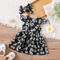 2pcs Baby Girl Allover Daisy Floral Print Flutter-sleeve Layered Dress & Headband Set Black image 2