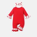 Valentine's Day 2pcs Baby Girl Cotton Letter Graphic Spliced Heart Print Naia Ruffle Trim Long-sleeve Jumpsuit & Headband Set Red image 2