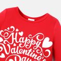 Valentine's Day 2pcs Baby Girl Cotton Letter Graphic Spliced Heart Print Naia Ruffle Trim Long-sleeve Jumpsuit & Headband Set Red image 3