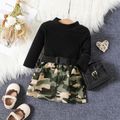 3pcs Baby Girl 95% Cotton Ribbed Mock Neck Long-sleeve Romper and Camouflage Skirt with Belt Set Black image 1