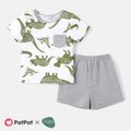 2pcs Baby Boy Dinosaur & Letter Print Short-sleeve Naia™ Tee and Solid Cotton Shorts Set GlossyDarkGreen image 1