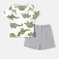 2pcs Baby Boy Dinosaur & Letter Print Short-sleeve Naia™ Tee and Solid Cotton Shorts Set GlossyDarkGreen image 2