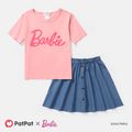 Barbie Mommy and Me Short-sleeve Letter Print Tee and Imitation Denim Skirt Sets Pink image 2