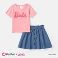 Barbie Mommy and Me Short-sleeve Letter Print Tee and Imitation Denim Skirt Sets Pink image 5