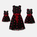 Valentine's Day Mommy and Me Allover Heart Embroidered Sleeveless Belted Black Sheer Mesh Dresses Black image 1