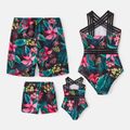 Family Matching Allover Plant Print Crisscross One-Piece Swimsuit and Swim Trunks Black image 2