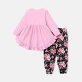 2pcs Toddler Girl Bowknot Design Ruffled High Low Tee and Floral Print Pants Set Pink image 2