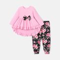 2pcs Toddler Girl Bowknot Design Ruffled High Low Tee and Floral Print Pants Set Pink image 1