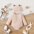 2pcs Baby Boy/Girl Solid Waffle Textured Long-sleeve Romper and 3D Ear Hat Set Almond Beige image 1