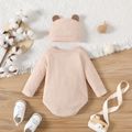 2pcs Baby Boy/Girl Solid Waffle Textured Long-sleeve Romper and 3D Ear Hat Set Almond Beige image 2