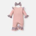 Naia™ 2pcs Baby Girl Leopard Print Ruffle Trim Spliced Pink Ribbed Long-sleeve Letter Graphic Jumpsuit & Headband Set DirtyPink image 2