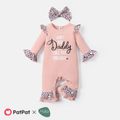 Naia™ 2pcs Baby Girl Leopard Print Ruffle Trim Spliced Pink Ribbed Long-sleeve Letter Graphic Jumpsuit & Headband Set DirtyPink image 1
