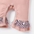 Naia™ 2pcs Baby Girl Leopard Print Ruffle Trim Spliced Pink Ribbed Long-sleeve Letter Graphic Jumpsuit & Headband Set DirtyPink image 5