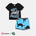 2pcs Baby Boy Cotton Short-sleeve Letter Graphic Tee and Allover Dinosaur Print Naia™ Shorts Set Blue image 1