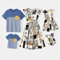 Family Matching Cotton Short-sleeve Striped Spliced T-shirts and Allover Plaid Floral Print Flutter-sleeve Dresses Sets Colorful image 1