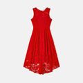 Valentine's Day Family Matching Red Lace High Low Hem Tank Dresses and Striped Shirts Sets Red image 2