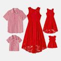 Valentine's Day Family Matching Red Lace High Low Hem Tank Dresses and Striped Shirts Sets Red image 1
