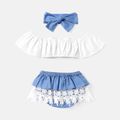 3pcs Baby Girl 100% Cotton Bow Front Off Shoulder Short-sleeve Crop Top and Lace Ruffle Trim Shorts & Headband Set ColorBlock image 2