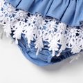 3pcs Baby Girl 100% Cotton Bow Front Off Shoulder Short-sleeve Crop Top and Lace Ruffle Trim Shorts & Headband Set ColorBlock image 5