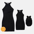 Mommy and Me Black Cotton Ribbed Halter Bodycon Dresses Black image 1