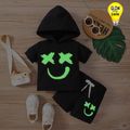 2pcs Baby Boy/Girl 95% Cotton Glow in the Dark Graphic Hooded Short-sleeve Tee & Shorts Set Black image 2