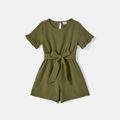 Mommy and Me 100% Cotton Solid Short-sleeve Belted Rompers Army green image 3