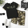 2pcs Kid Boy Letter Print Short-sleeve Tee and Camouflage Print Shorts Set Black image 1