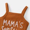 2pcs Baby Girl Letter Embroidered Cotton Ribbed Cami Top and Floral Print Belted Bloomer Shorts Set Brown image 3