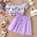 2pcs Kid Girl Butterfly Print Off Shoulder Short-sleeve Tee and Button Design Shorts Set Purple image 1