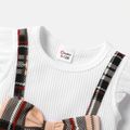 2pcs Baby Solid Cotton Ribbed Ruffle Long-sleeve Spliced Plaid Bow Front Dress & Headband Set White image 3