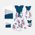 Family Matching 95% Cotton Short-sleeve Colorblock T-shirts and Floral Print High Low Hem Spliced Naia Dresses Sets ColorBlock image 1