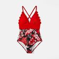 Family Matching Allover Plant Print Swim Trunks and Scallop Trim One-piece Swimsuit Red-2 image 3