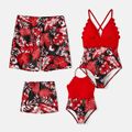 Family Matching Allover Plant Print Swim Trunks and Scallop Trim One-piece Swimsuit Red-2 image 1
