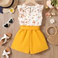 2Pcs Kid Girl Floral Print Ruffled Tank Top and Belted Shorts Set Yellow image 4
