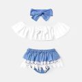 3pcs Baby Girl 100% Cotton Bow Front Off Shoulder Short-sleeve Crop Top and Lace Ruffle Trim Shorts & Headband Set ColorBlock image 1
