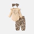 3pcs Baby Girl Cotton Ribbed Letter Embroidered Ruffle Long-sleeve Romper and Leopard Print Pants & Headband Set ColorBlock image 1