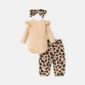 3pcs Baby Girl Cotton Ribbed Letter Embroidered Ruffle Long-sleeve Romper and Leopard Print Pants & Headband Set ColorBlock image 2