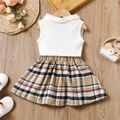 2pcs Toddler Girl Preppy style Lapel Collar Sleeveless Tee and Plaid Pleated Skirt Set White image 2