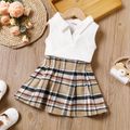 2pcs Toddler Girl Preppy style Lapel Collar Sleeveless Tee and Plaid Pleated Skirt Set White image 1