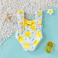 Baby Girl Allover Lemon Print Bow Front Ruffle Trim One-piece Swimsuit Yellow image 2