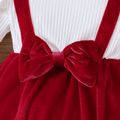 2pcs Baby Girl Cotton Ribbed Solid Spliced Long-sleeve Bow Front Romper & Headband Set Red image 4